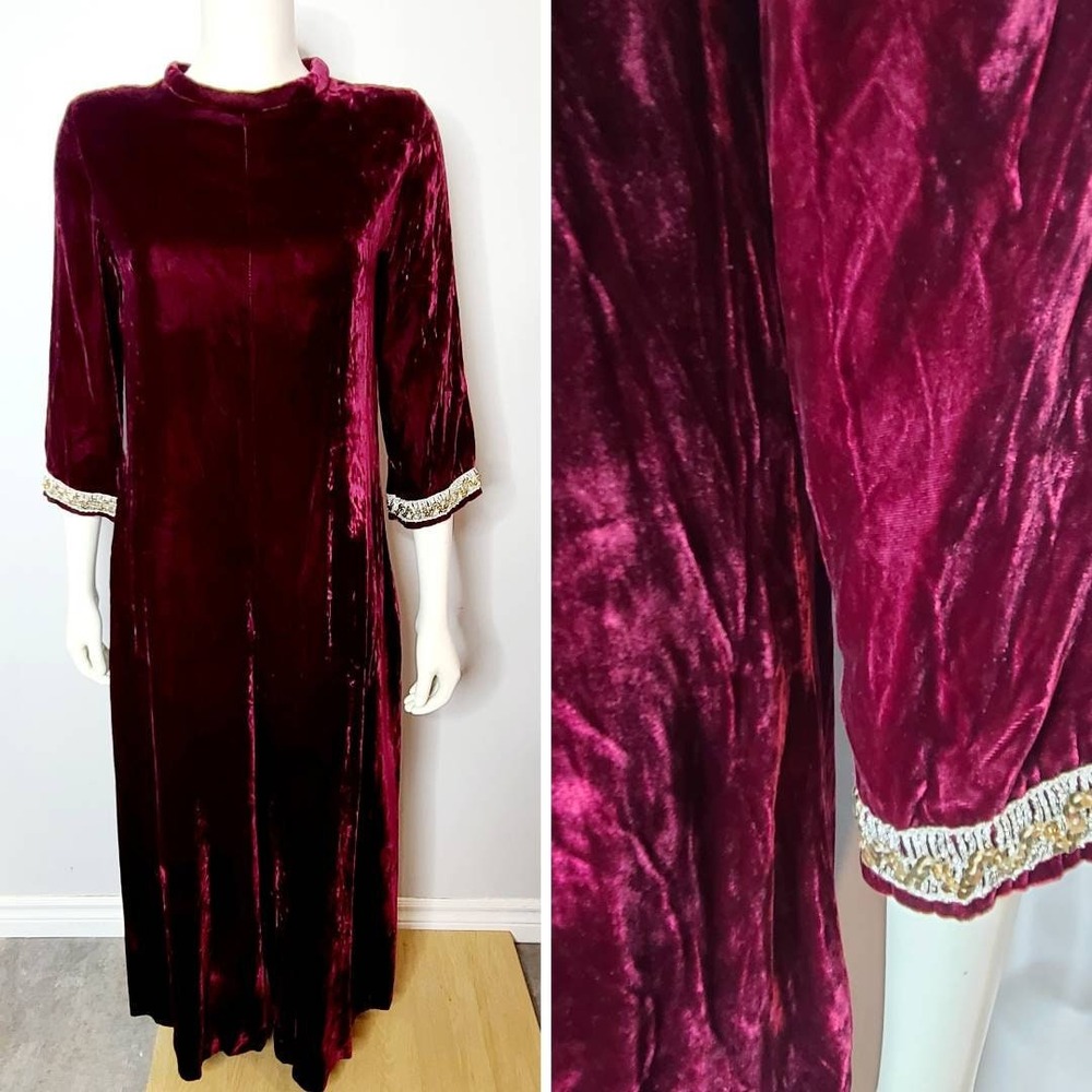 Vintage 1960s Burgundy Crushed Velvet Holiday Jumpsuit with Sequins